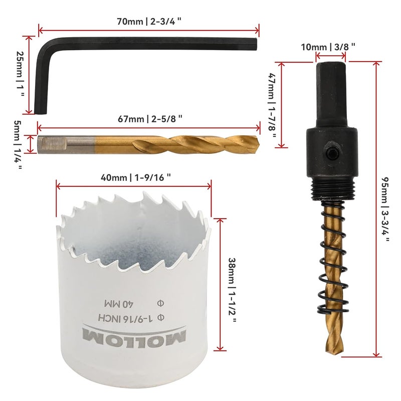 Mollom (40mm | 1-9/16") HSS M42 with 8% Cobalt BI-Metal Hole Saw with 2 Pilot Drill Bits & Arbor Smooth Cutting for PVC,Drywall,Wood,Plastic,Gypsum Board,Rubber - Image 2